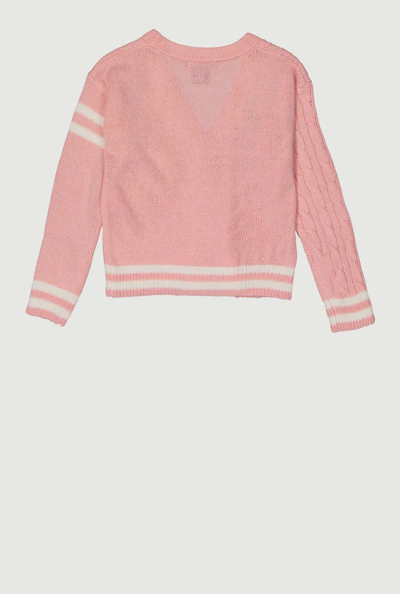 Girls Cable Knit Varsity Stripe Patch Graphic Cardigan