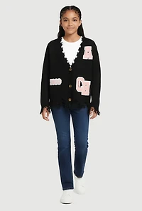 Girls Distressed V Neck Chenille Patch Graphic Cardigan, Black, Size 10-12