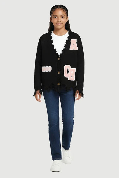 Girls Distressed V Neck Chenille Patch Graphic Cardigan, Black, Size 14-16