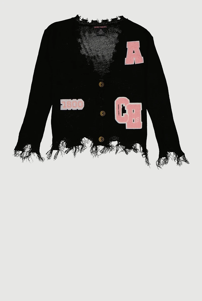 Girls Distressed V Neck Chenille Patch Graphic Cardigan, Black, Size 10-12