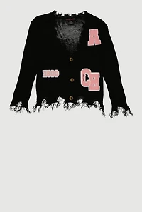 Girls Distressed V Neck Chenille Patch Graphic Cardigan, Black, Size 10-12
