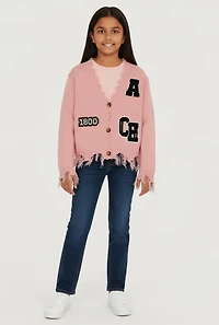 Girls Distressed V Neck Chenille Patch Graphic Cardigan