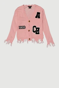 Girls Distressed V Neck Chenille Patch Graphic Cardigan