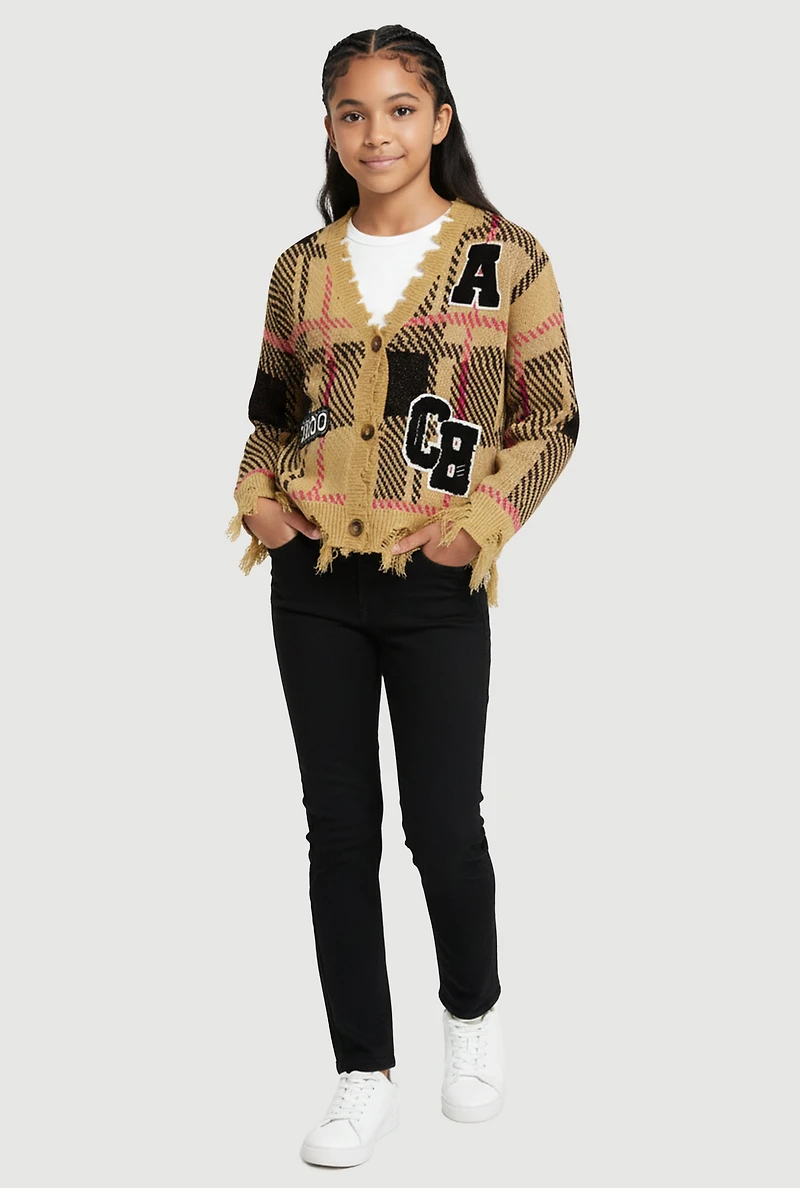 Girls Plaid Distressed V Neck Chenille Patch Graphic Cardigan, 7-8