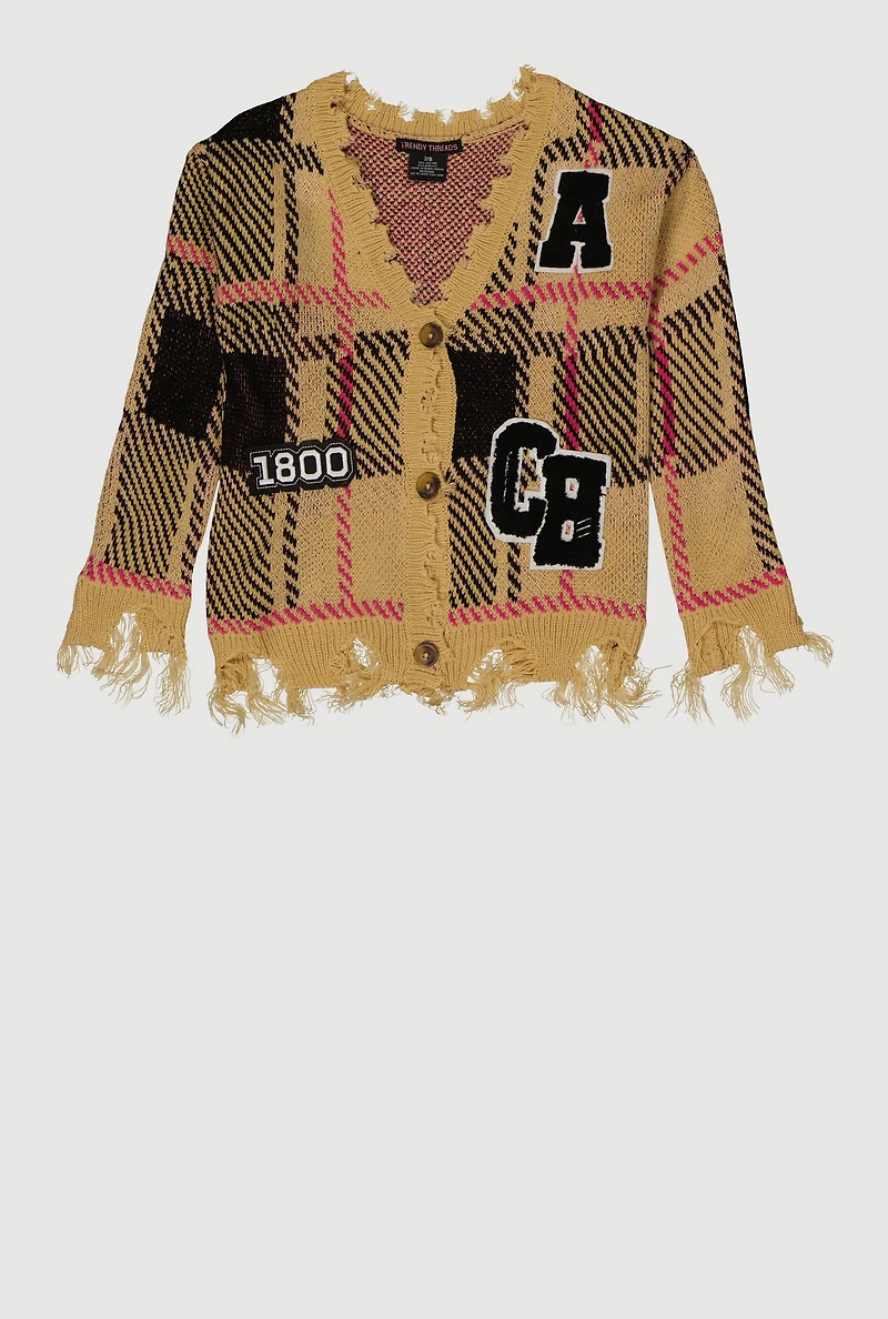 Girls Plaid Distressed V Neck Chenille Patch Graphic Cardigan, Beige, Size 10-12