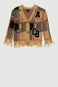 Girls Plaid Distressed V Neck Chenille Patch Graphic Cardigan, Beige, Size 10-12