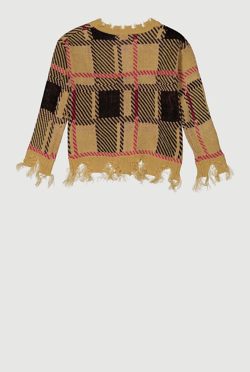 Girls Plaid Distressed V Neck Chenille Patch Graphic Cardigan, 7-8