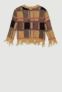 Girls Plaid Distressed V Neck Chenille Patch Graphic Cardigan, 7-8