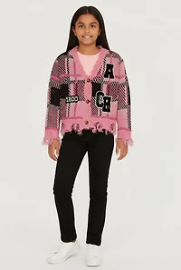 Girls Plaid Distressed V Neck Chenille Patch Graphic Cardigan