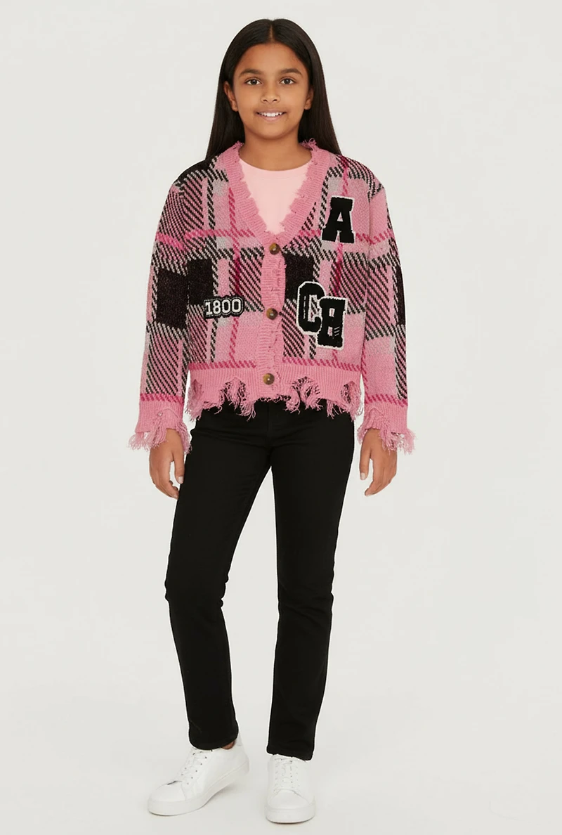 Girls Plaid Distressed V Neck Chenille Patch Graphic Cardigan