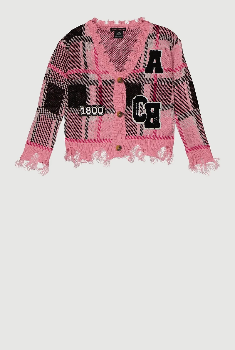 Girls Plaid Distressed V Neck Chenille Patch Graphic Cardigan