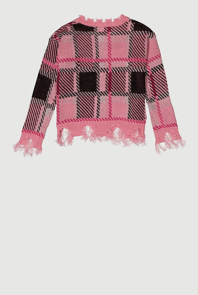 Girls Plaid Distressed V Neck Chenille Patch Graphic Cardigan