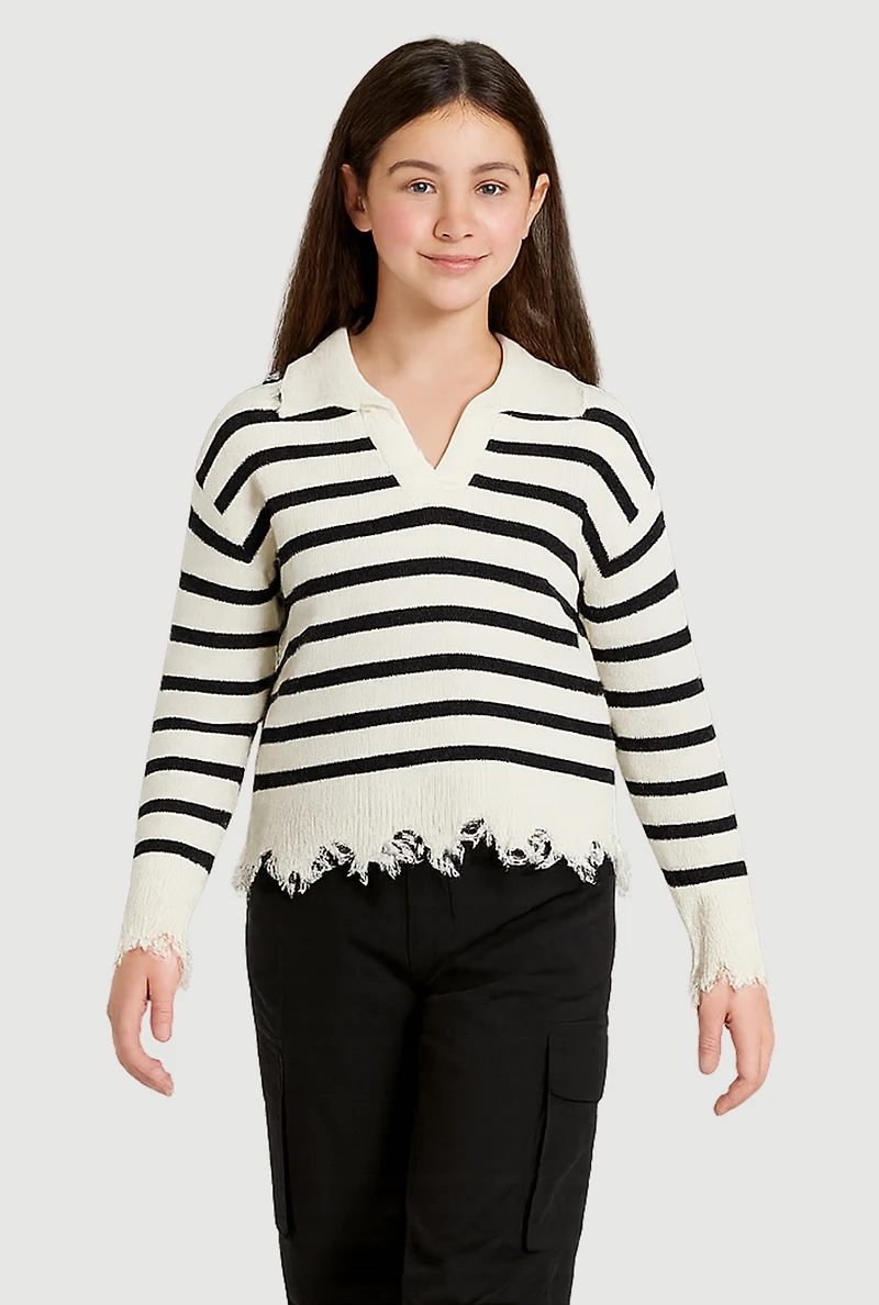 Girls Striped Distressed Long Sleeve Collar Sweater, White, Size 7-8