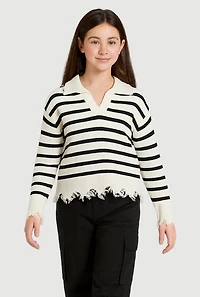 Girls Striped Distressed Long Sleeve Collar Sweater, White, Size 7-8