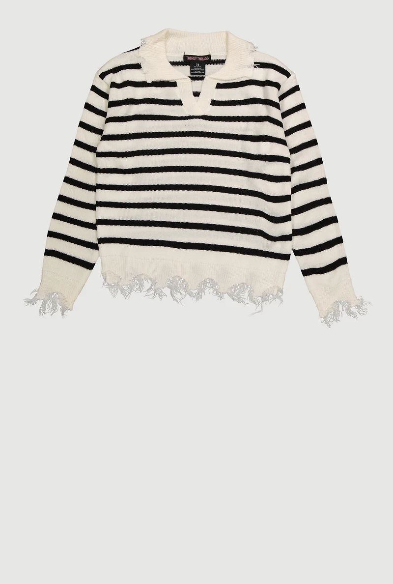 Girls Striped Distressed Long Sleeve Collar Sweater, White, Size 7-8