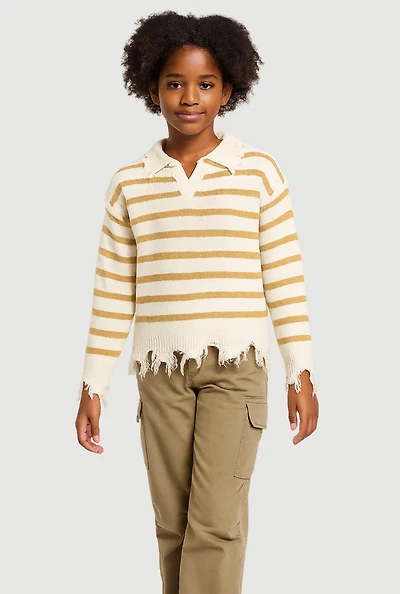 Girls Striped Distressed Long Sleeve Collar Sweater, Beige, Size 10-12