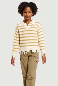 Girls Striped Distressed Long Sleeve Collar Sweater, Beige, Size 10-12
