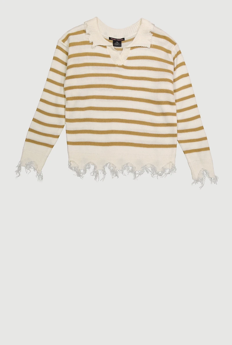Girls Striped Distressed Long Sleeve Collar Sweater, Beige, Size 10-12
