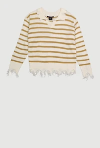 Girls Striped Distressed Long Sleeve Collar Sweater, Beige, Size 10-12
