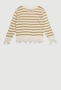 Girls Striped Distressed Long Sleeve Collar Sweater, Beige, Size 10-12