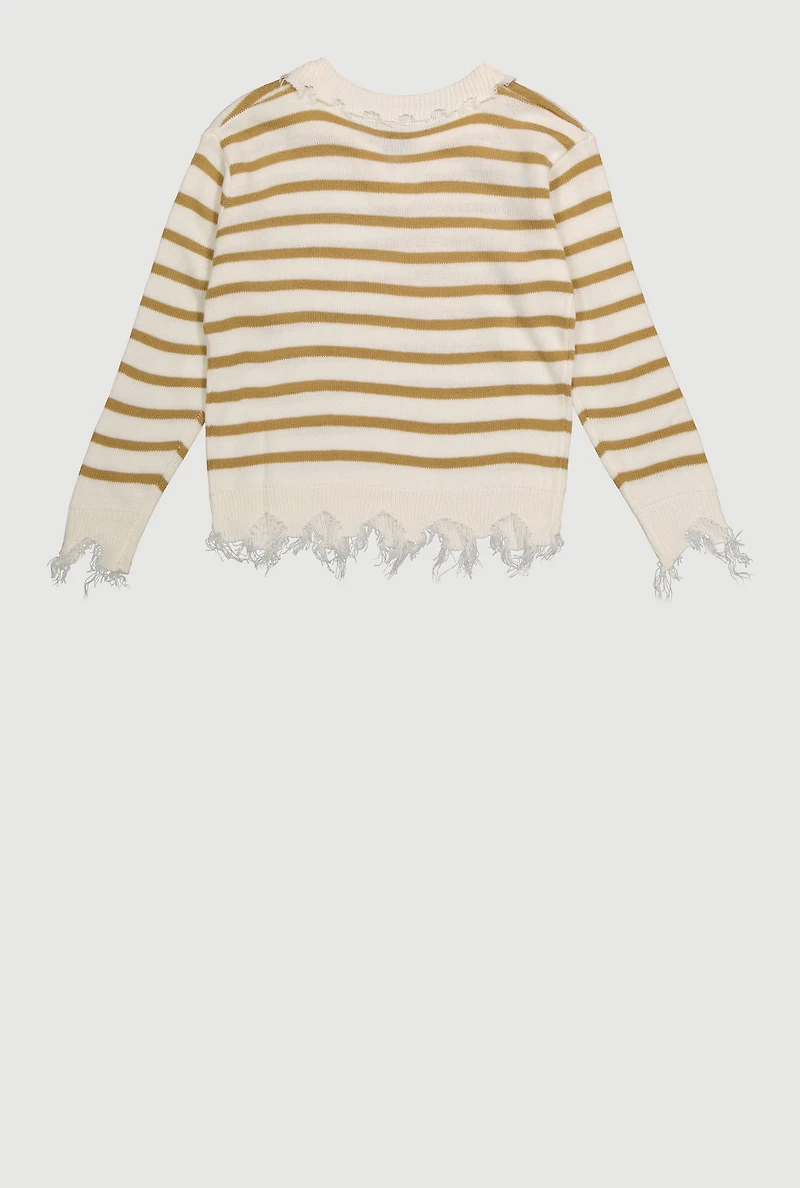 Girls Striped Distressed Long Sleeve Collar Sweater