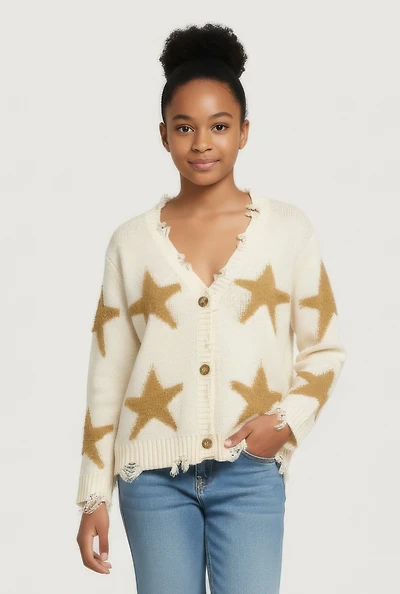 Girls Star Embroidered Distressed Detail Cardigan, 10-12