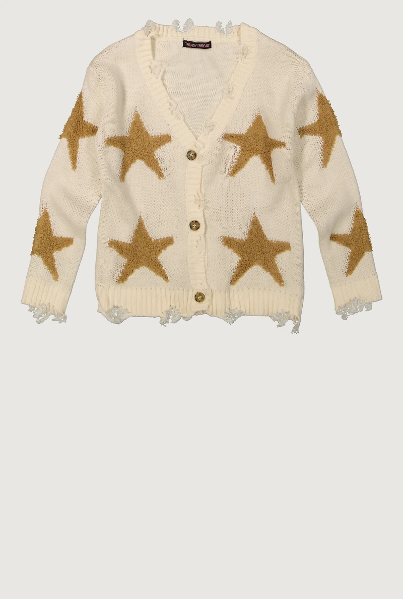 Girls Star Embroidered Distressed Detail Cardigan, 10-12