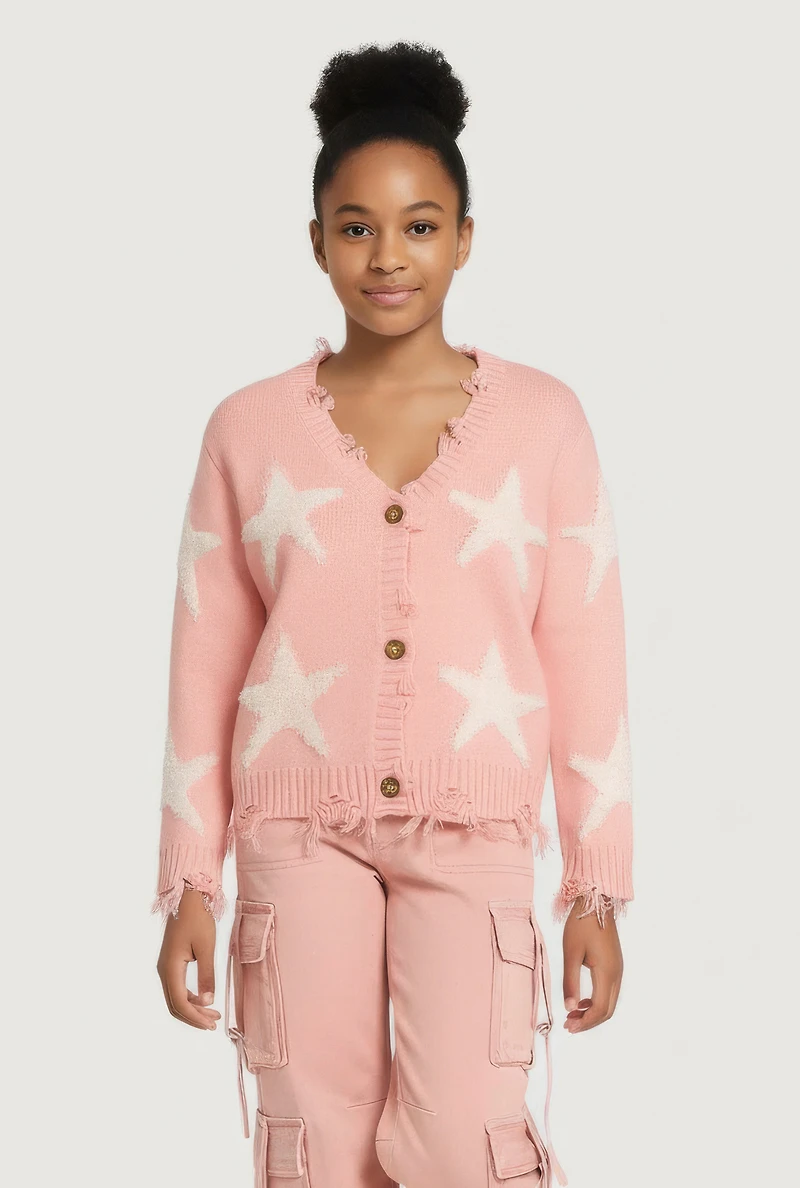 Girls Star Embroidered Distressed Detail Cardigan, Pink, Size 14-16