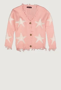Girls Star Embroidered Distressed Detail Cardigan, Pink, Size 14-16
