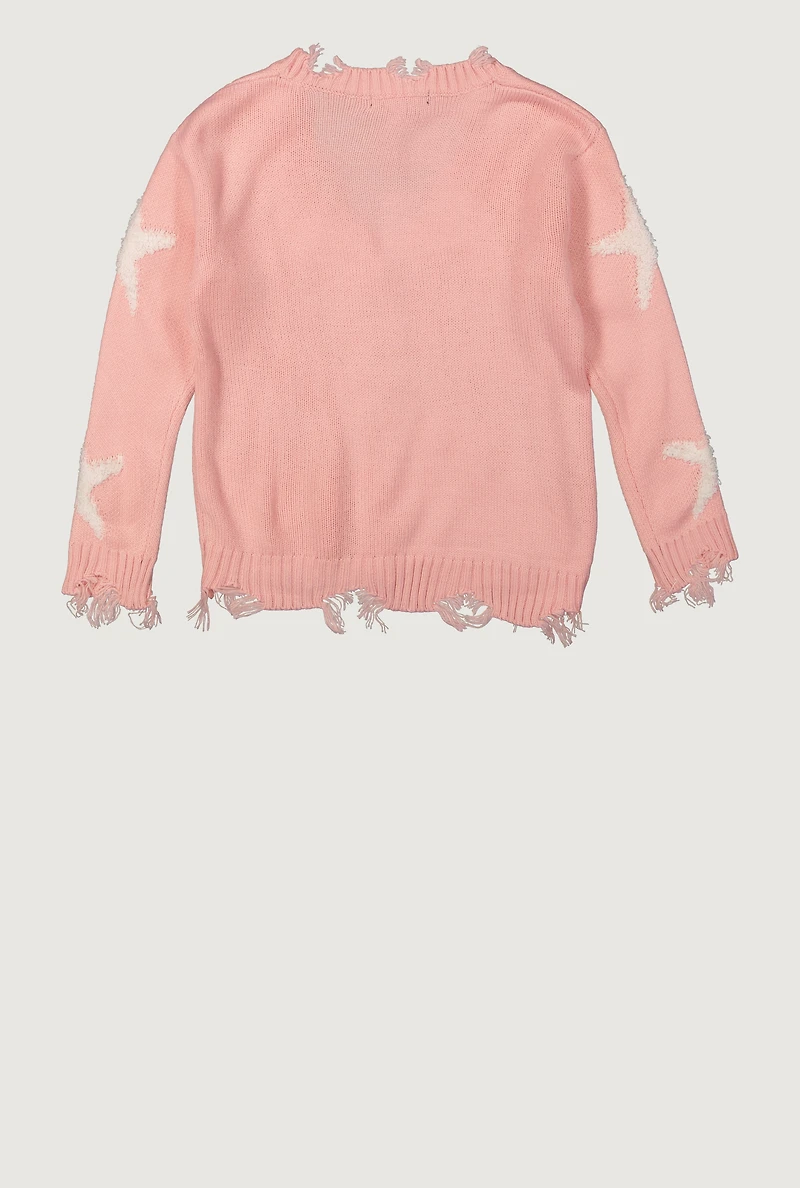 Girls Star Embroidered Distressed Detail Cardigan, Pink, Size 14-16