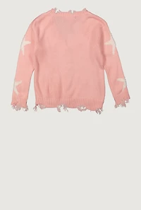 Girls Star Embroidered Distressed Detail Cardigan, Pink, Size 14-16