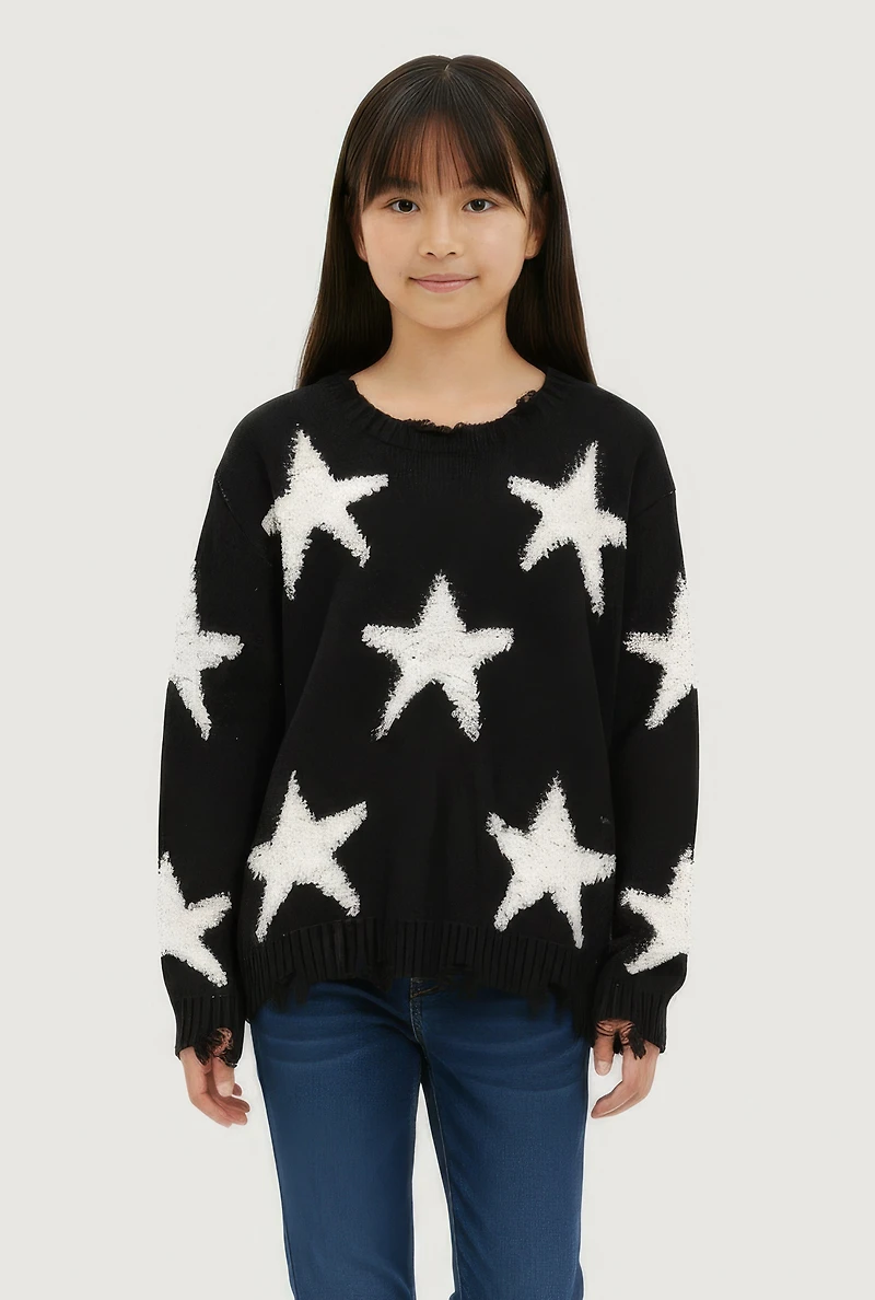 Girls Boucle Star Print Distressed Sweater