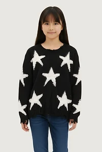 Girls Boucle Star Print Distressed Sweater