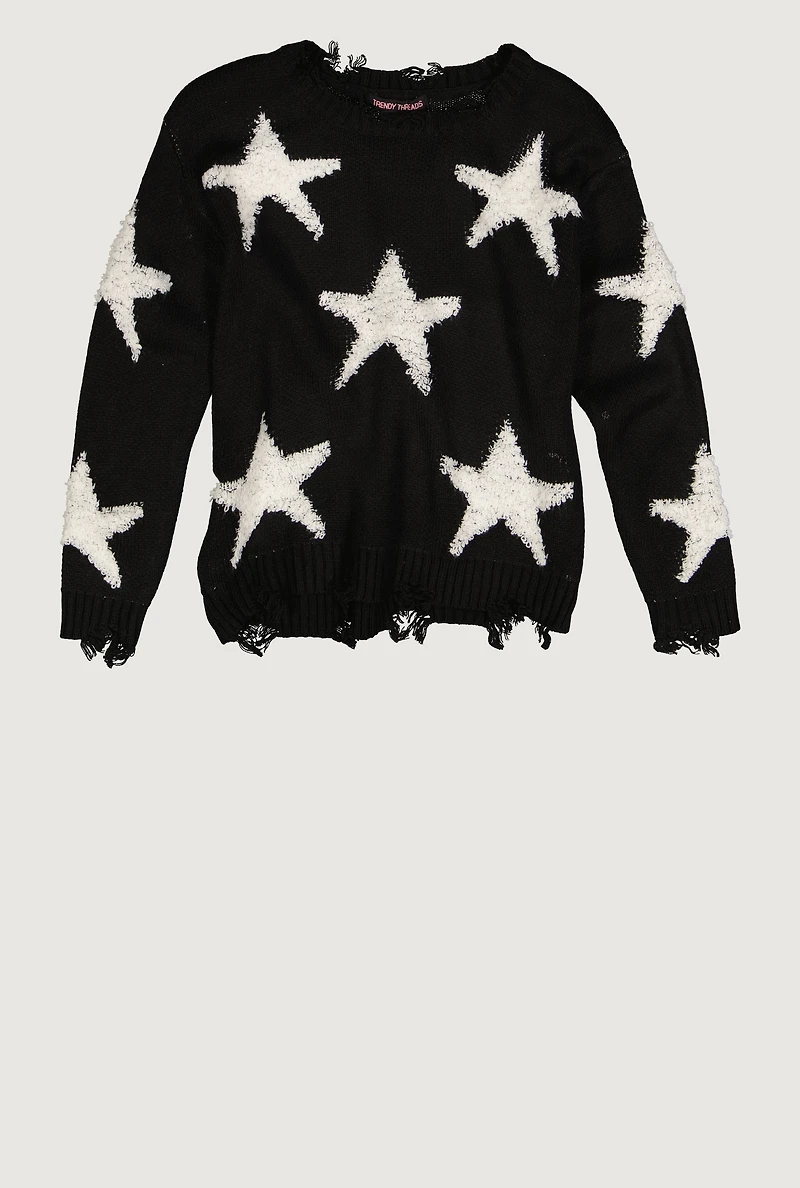Girls Boucle Star Print Distressed Sweater,
