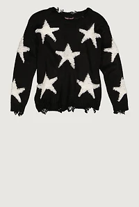 Girls Boucle Star Print Distressed Sweater,