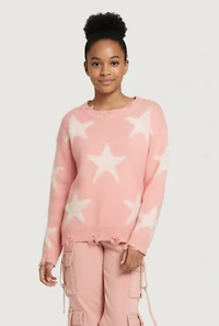 Girls Boucle Star Print Distressed Sweater