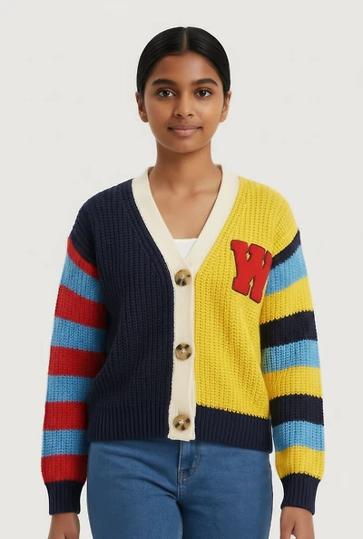 Girls Color Block W Patch Cardigan