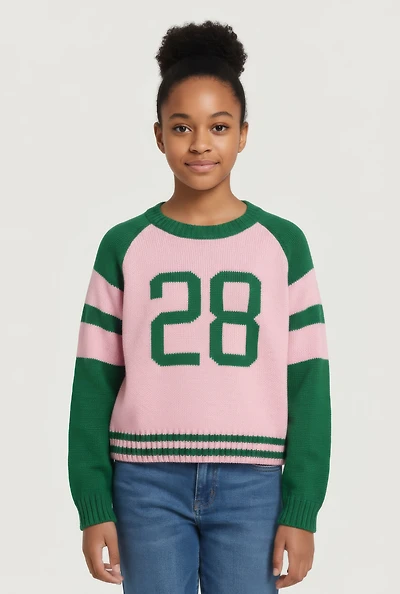 Girls Color Block 28 Graphic Pullover Sweater, Pink, Size 12-14