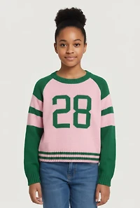 Girls Color Block 28 Graphic Pullover Sweater