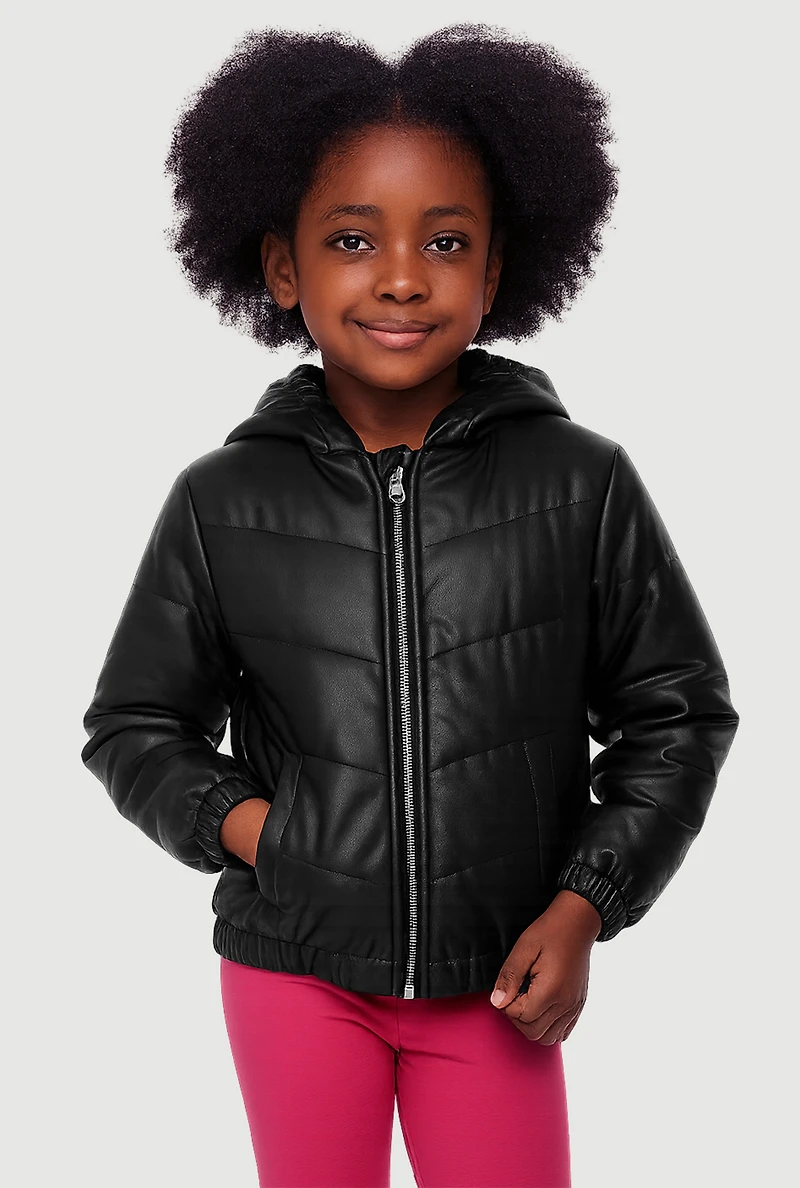 Little Girls Zip Front Faux Leather Puffer Jacket, Black, Size 6X