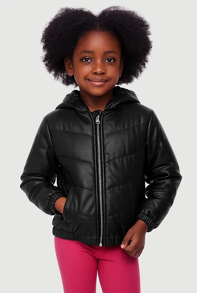 Little Girls Zip Front Faux Leather Puffer Jacket, Black, Size 6X