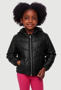 Little Girls Zip Front Faux Leather Puffer Jacket, Black, Size 5-6