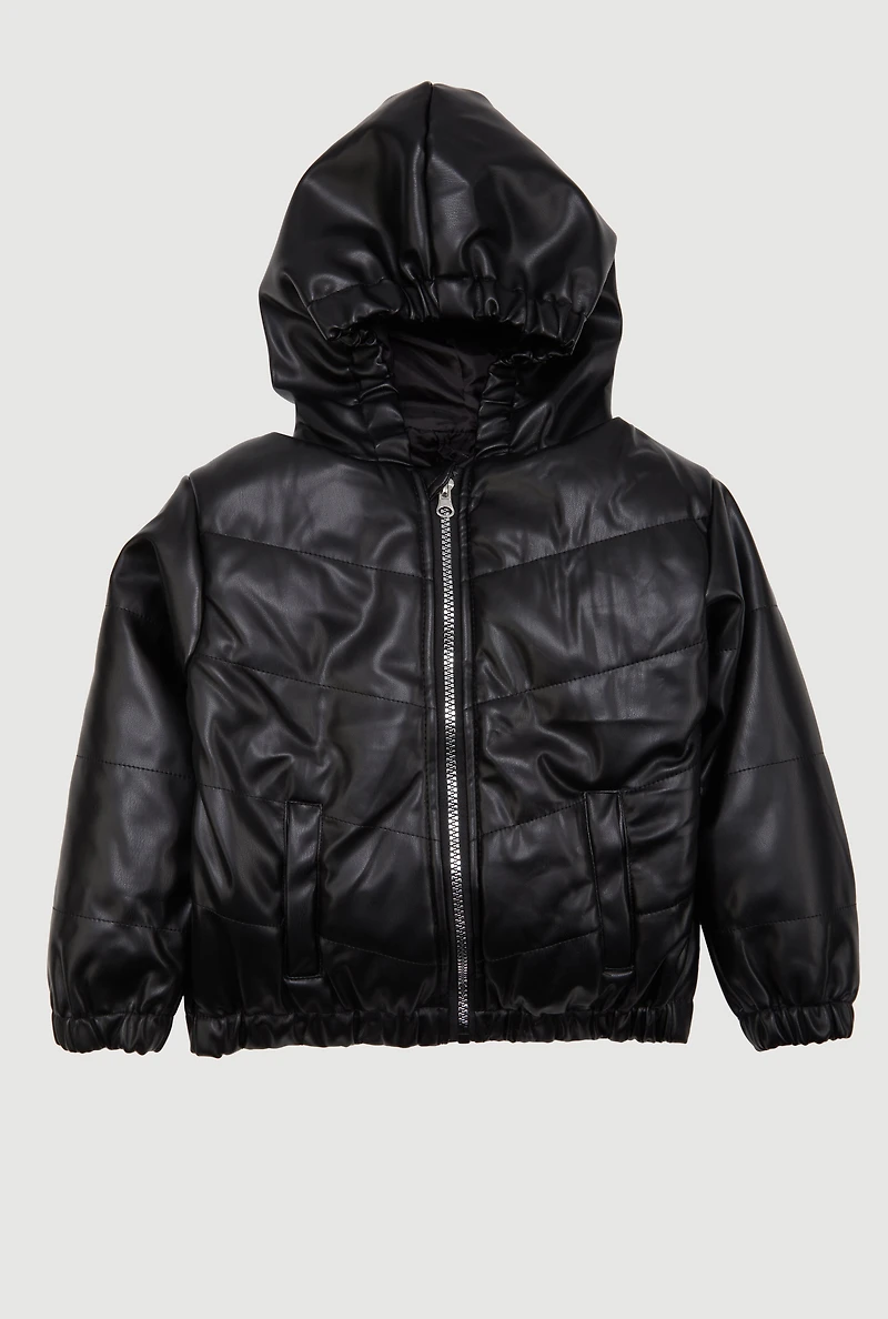 Little Girls Zip Front Faux Leather Puffer Jacket, Black, Size 6X