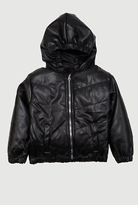Little Girls Zip Front Faux Leather Puffer Jacket, Black, Size 5-6