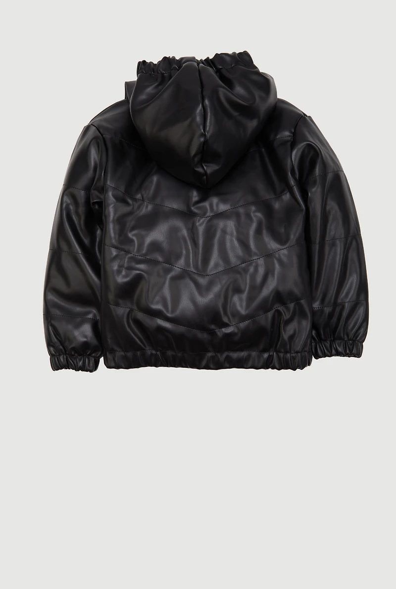 Little Girls Zip Front Faux Leather Puffer Jacket, Black, Size 6X