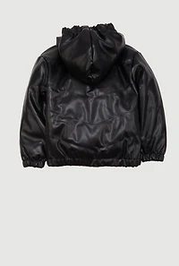Little Girls Zip Front Faux Leather Puffer Jacket, Black, Size 6X