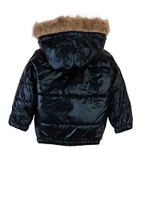 Little Girls Metallic Faux Fur Trim Puffer Jacket, Black, Size 4