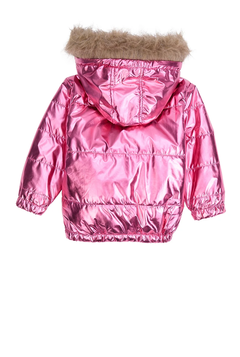 Little Girls Metallic Faux Fur Trim Puffer Jacket