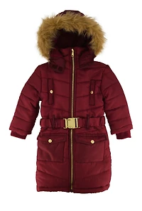 Little Girls Hooded Belted Long Puffer Jacket