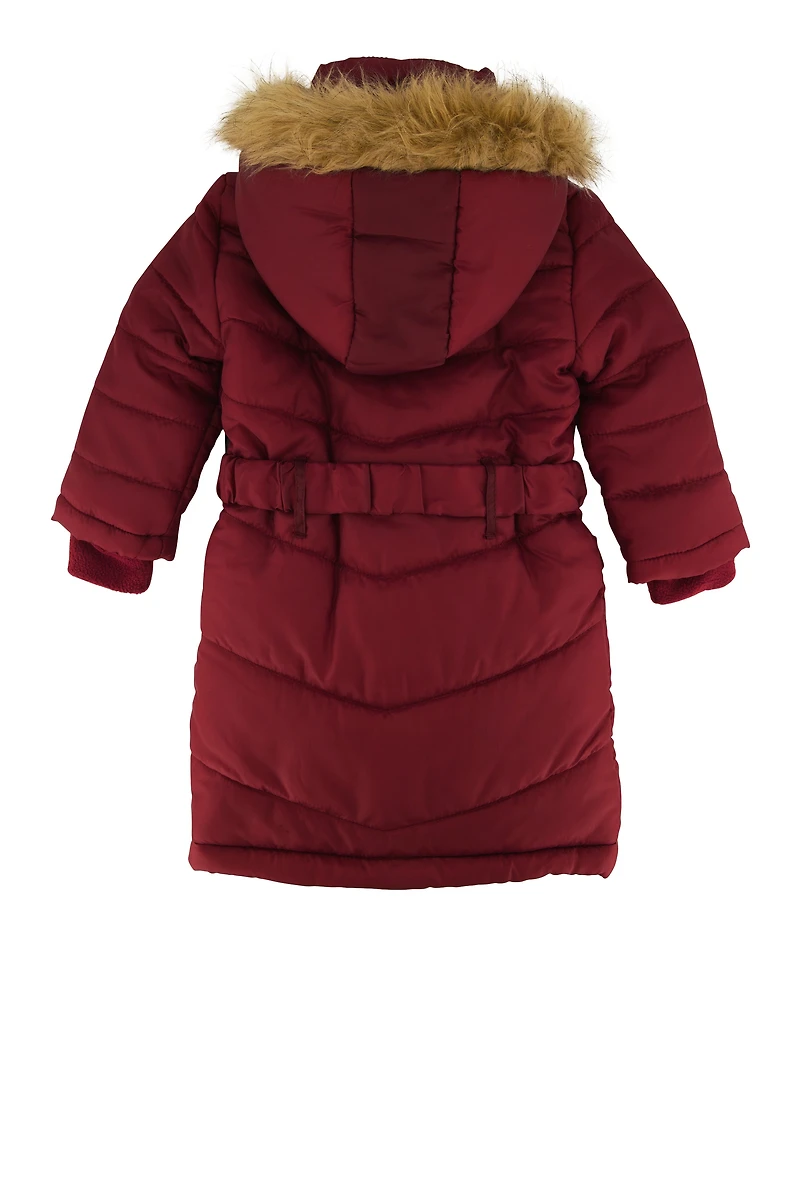 Little Girls Hooded Belted Long Puffer Jacket